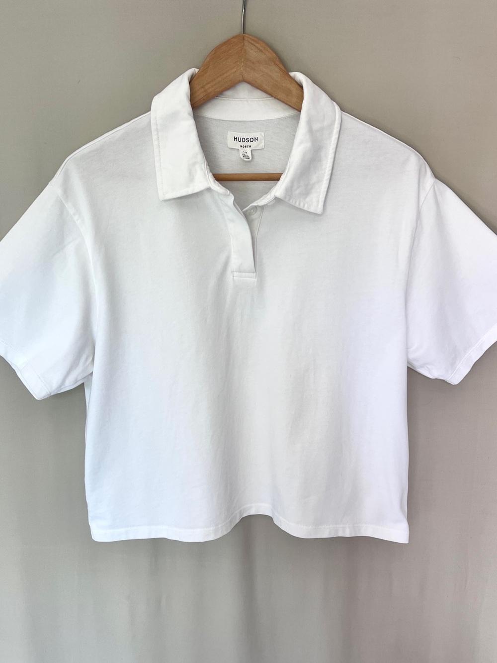 Hudson North Organic Cotton Polo Shirt White Cropped Boxy L Minimalist Preppy - Picture 2 of 9